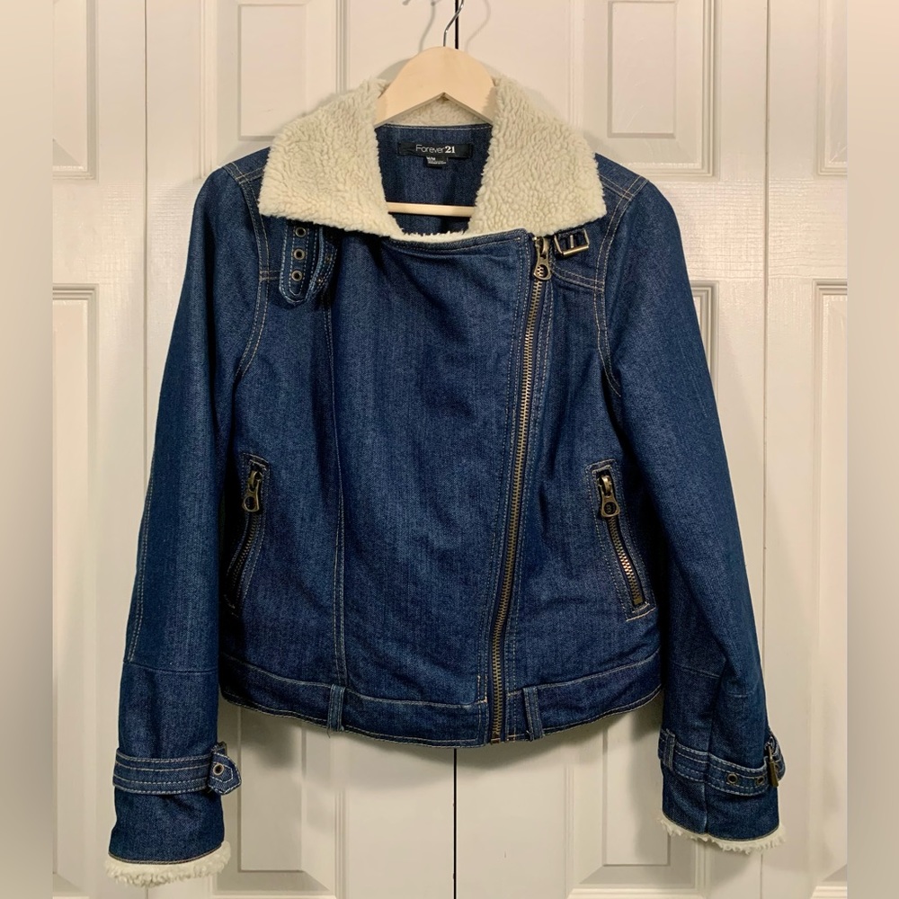 Vegan Shearling Dark Denim Moto Jacket - Picture 4 of 6
